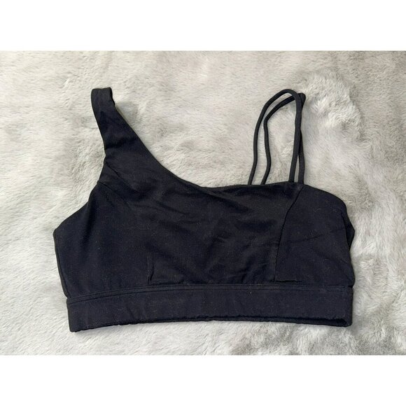 Black Basic Stretch One Shoulder Spaghetti Strap Light Compression Sports Bra - Picture 1 of 5